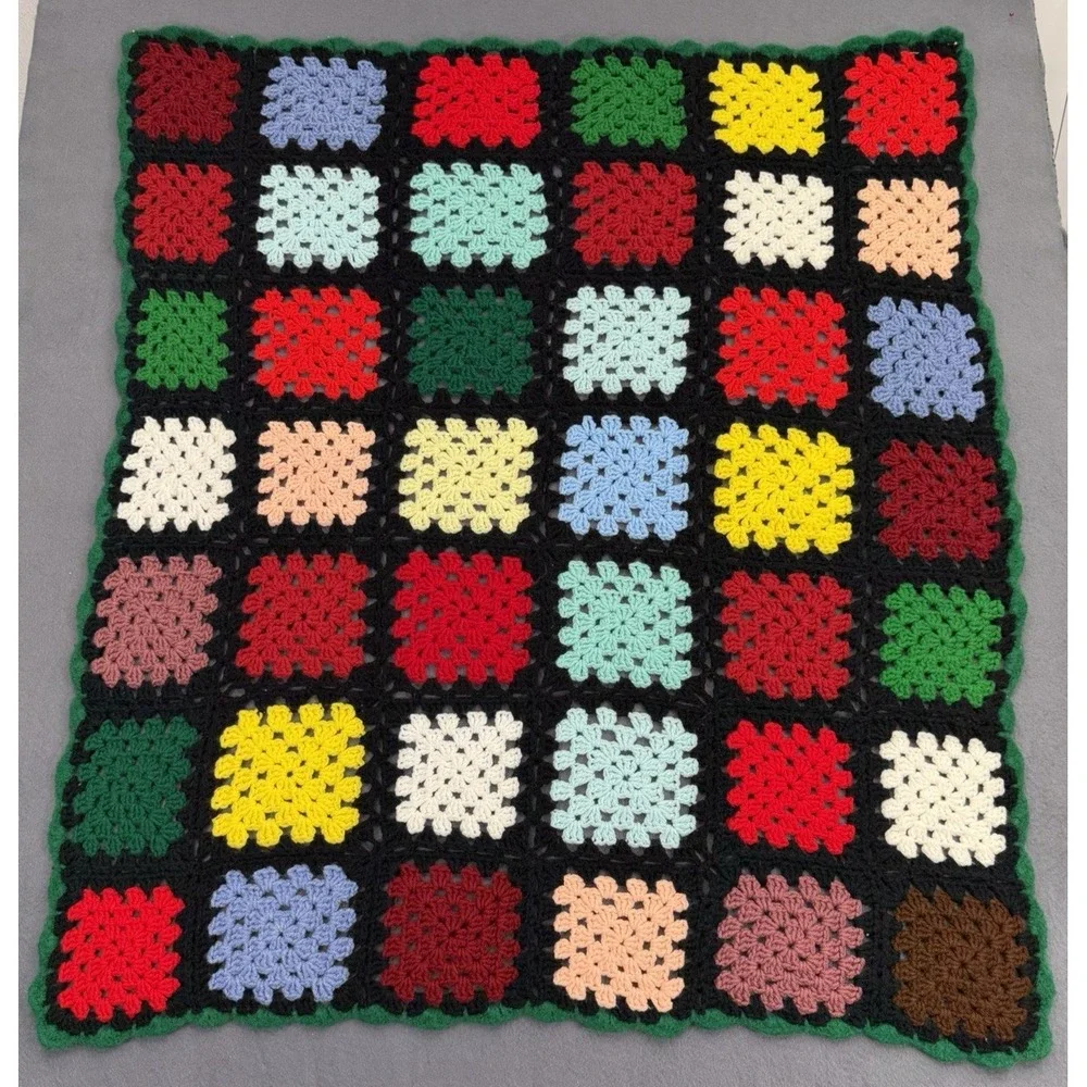 Vtg Crochet Roseanne Granny Square Afghan Throw Lap Blanket Colorful Multi 47x41